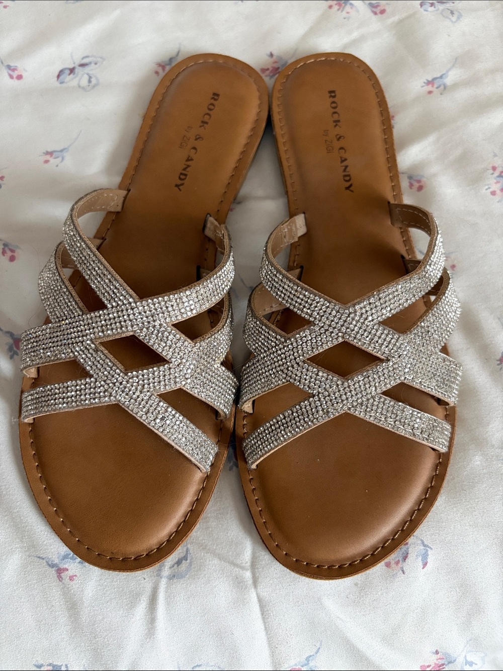 Rock & Candy Silver Rhinestone Crisscross Slide Sandals with Tan Footbed